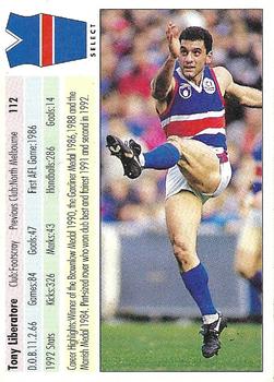 1993 Select AFL #112 Tony Liberatore Back